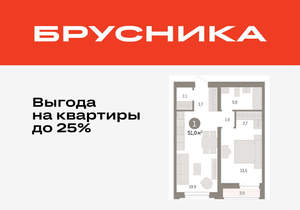 1-к квартира, вторичка, 51м2, 8/10 этаж