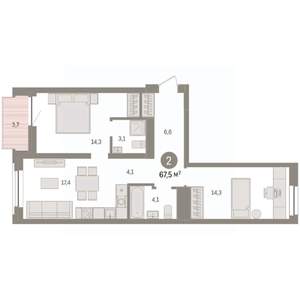 2-к квартира, вторичка, 68м2, 5/10 этаж