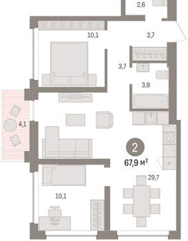 2-к квартира, вторичка, 68м2, 7/8 этаж