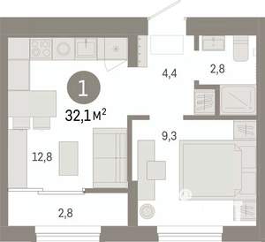 1-к квартира, вторичка, 32м2, 9/9 этаж