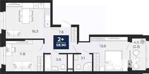 2-к квартира, вторичка, 59м2, 10/18 этаж
