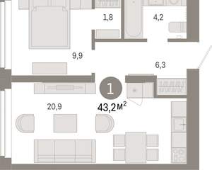 1-к квартира, вторичка, 43м2, 5/16 этаж