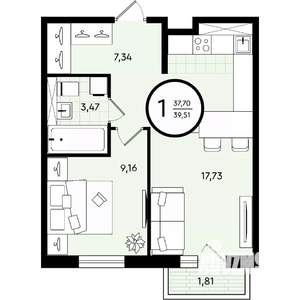 1-к квартира, вторичка, 40м2, 4/4 этаж