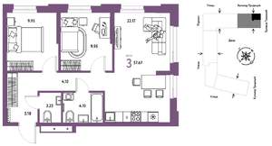3-к квартира, строящийся дом, 58м2, 3/15 этаж