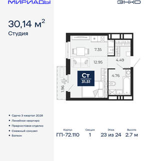 Студия квартира, вторичка, 30м2, 23/24 этаж