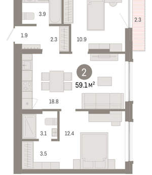 2-к квартира, вторичка, 59м2, 2/8 этаж