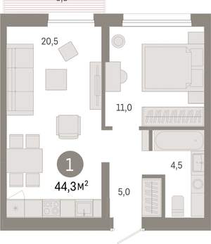 1-к квартира, вторичка, 44м2, 8/17 этаж