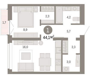 1-к квартира, вторичка, 44м2, 8/16 этаж