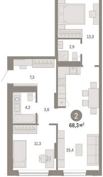 2-к квартира, вторичка, 68м2, 2/17 этаж