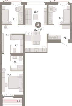 3-к квартира, вторичка, 88м2, 6/16 этаж