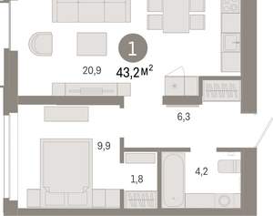 1-к квартира, вторичка, 43м2, 4/16 этаж