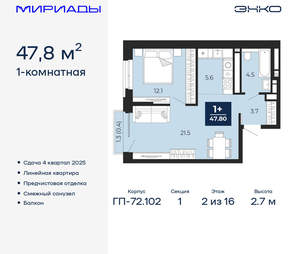 1-к квартира, вторичка, 48м2, 2/16 этаж