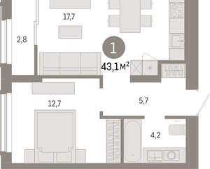 1-к квартира, вторичка, 43м2, 15/17 этаж