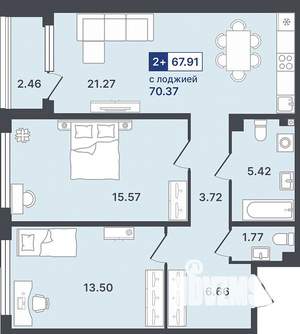 2-к квартира, строящийся дом, 68м2, 2/8 этаж