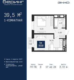 1-к квартира, вторичка, 40м2, 17/24 этаж