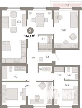 3-к квартира, вторичка, 114м2, 9/9 этаж