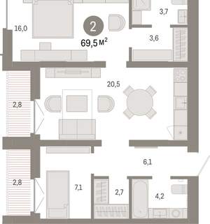 2-к квартира, вторичка, 69м2, 9/16 этаж