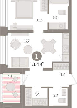 1-к квартира, вторичка, 51м2, 6/8 этаж