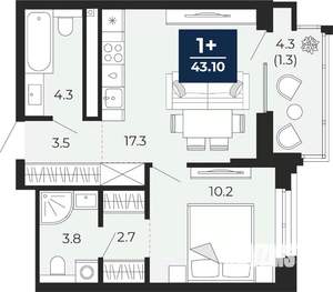 1-к квартира, сданный дом, 46м2, 4/14 этаж