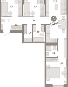 3-к квартира, вторичка, 80м2, 2/17 этаж