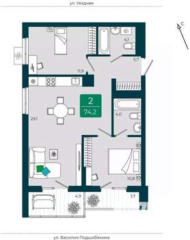2-к квартира, вторичка, 74м2, 3/9 этаж