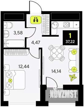 1-к квартира, вторичка, 37м2, 13/14 этаж