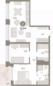 2-к квартира, вторичка, 71м2, 6/8 этаж