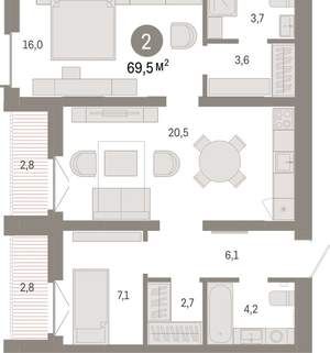 2-к квартира, вторичка, 69м2, 10/16 этаж