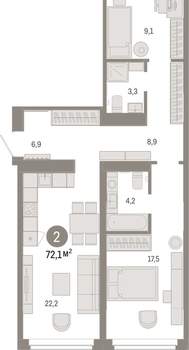 2-к квартира, вторичка, 72м2, 5/16 этаж