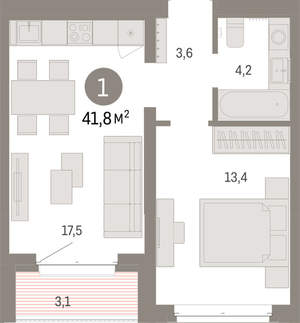 1-к квартира, вторичка, 42м2, 3/11 этаж
