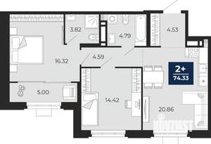 2-к квартира, вторичка, 74м2, 13/24 этаж