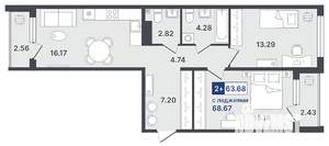 2-к квартира, строящийся дом, 64м2, 3/8 этаж