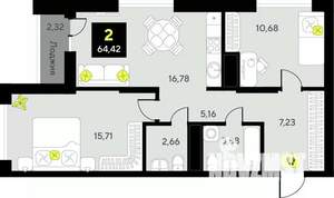 2-к квартира, вторичка, 64м2, 8/19 этаж