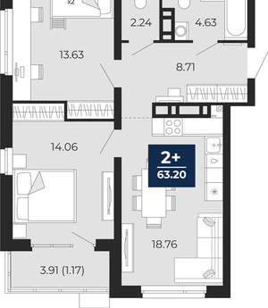 2-к квартира, вторичка, 63м2, 5/22 этаж