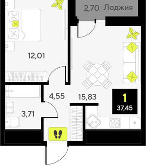 1-к квартира, вторичка, 37м2, 14/14 этаж