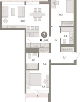 2-к квартира, вторичка, 84м2, 6/9 этаж