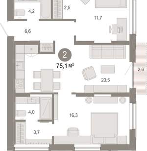 2-к квартира, вторичка, 75м2, 9/17 этаж
