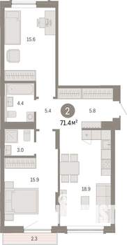 2-к квартира, вторичка, 71м2, 2/7 этаж
