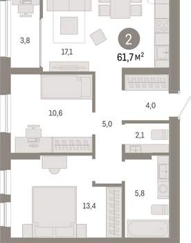 2-к квартира, вторичка, 62м2, 17/17 этаж