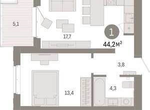 1-к квартира, вторичка, 44м2, 5/11 этаж