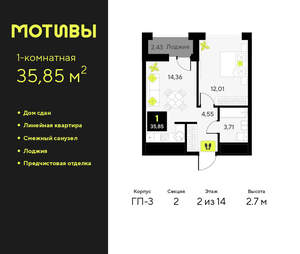 1-к квартира, сданный дом, 36м2, 2/14 этаж