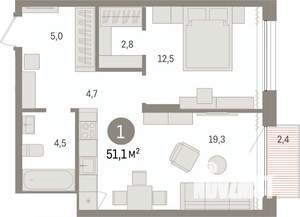 1-к квартира, вторичка, 51м2, 14/17 этаж