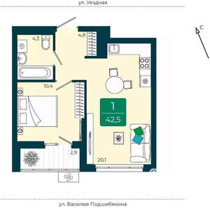 1-к квартира, вторичка, 43м2, 6/9 этаж