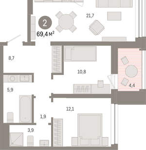 2-к квартира, вторичка, 69м2, 6/8 этаж