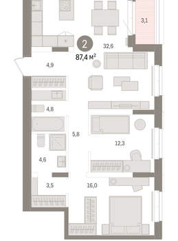 2-к квартира, вторичка, 87м2, 7/16 этаж