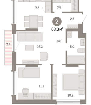 2-к квартира, вторичка, 63м2, 3/8 этаж