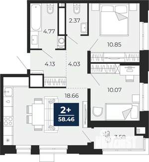 2-к квартира, вторичка, 58м2, 9/16 этаж