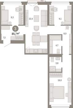 3-к квартира, вторичка, 86м2, 3/16 этаж