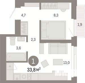 1-к квартира, вторичка, 34м2, 20/25 этаж