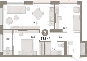 2-к квартира, вторичка, 69м2, 16/17 этаж